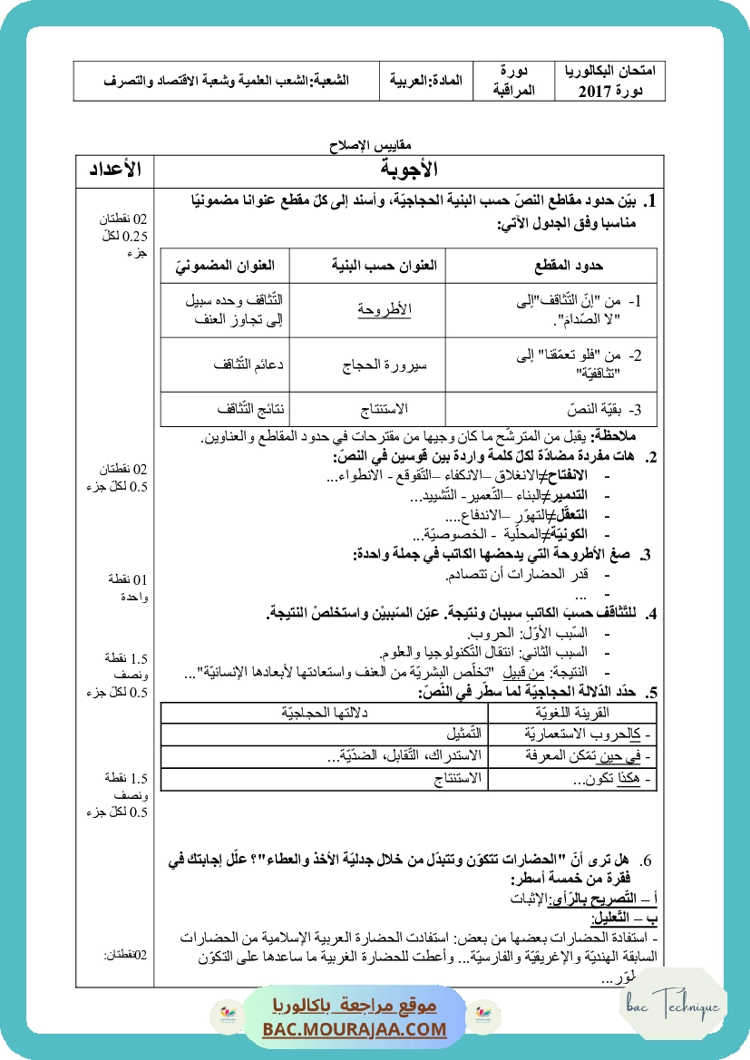 Corrigé controle arabe Bac 2017 – Section technique